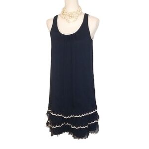 Doe & Rae Ruffle Layer Contrast Edging Tunic Dress. Sleeveless Shear Navy  NWOT